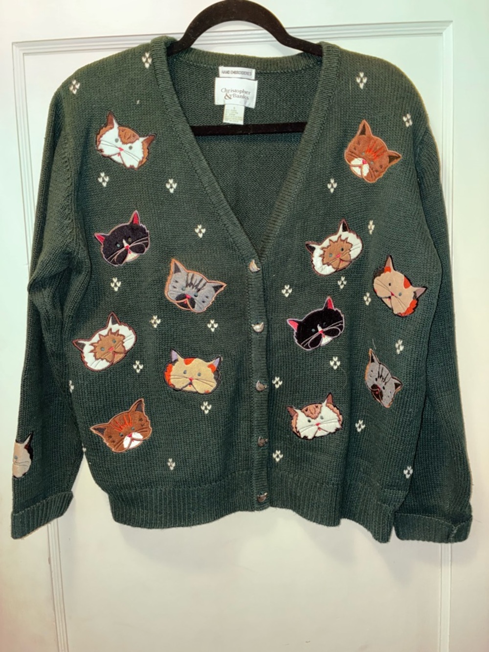 Vintage C&B Cardigan Sweater S Hand Embroidered Green Cat Art Button Up Ugly